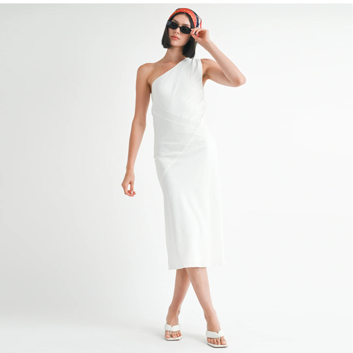 Good Neighbour | Emory Park One Shoulder Mid Linen Dress (Off White) Good Neighbour | Emory Park One Shoulder Mid Linen Dress (Off White)