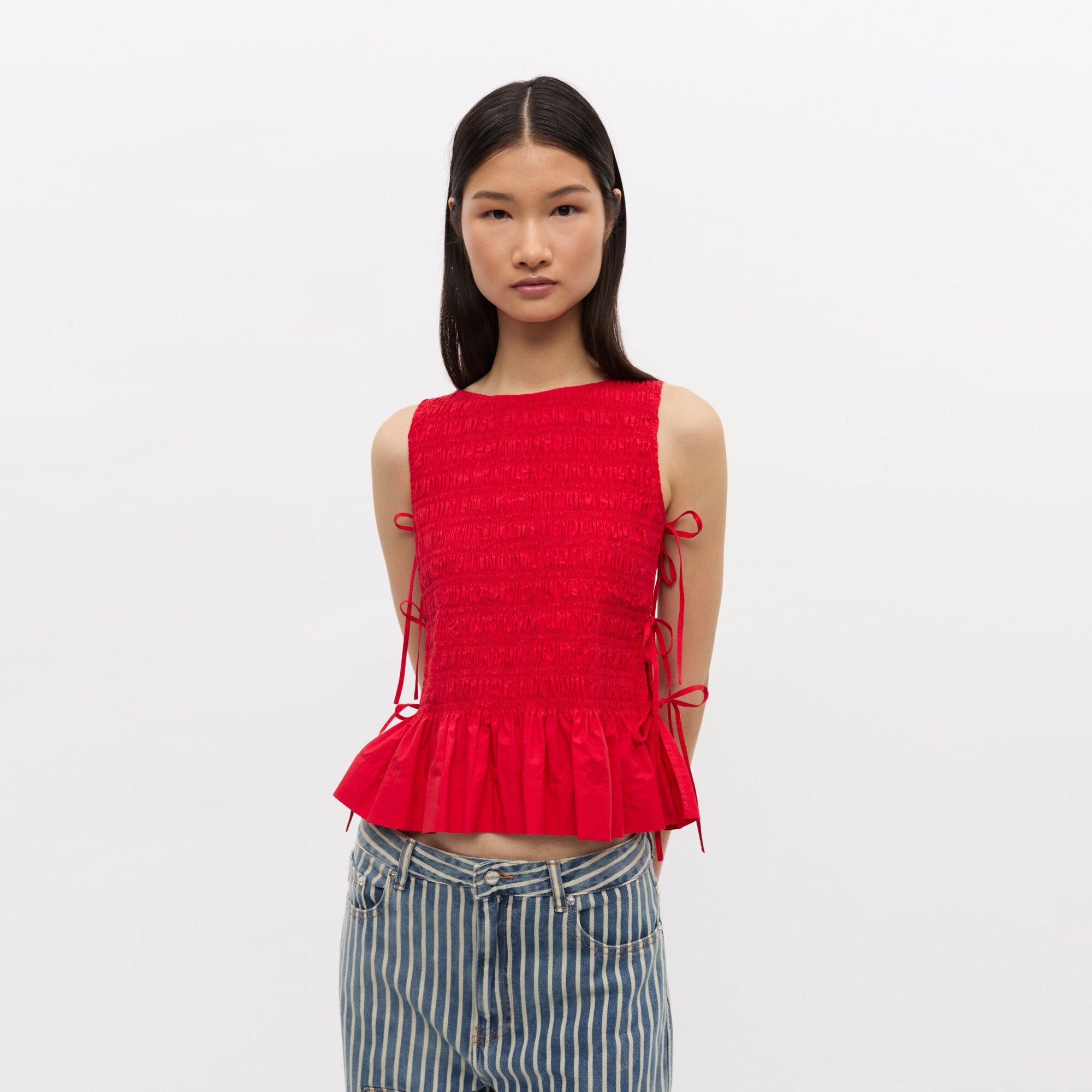 Good Neighbour | Ganni Cotton Poplin Smock Tie String Top (Racing Red)