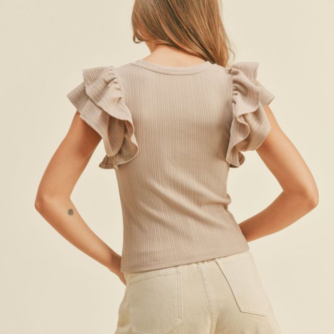 Good Neighbour | Miou Muse Ribbed Ruffle Sleeve Top (Taupe)