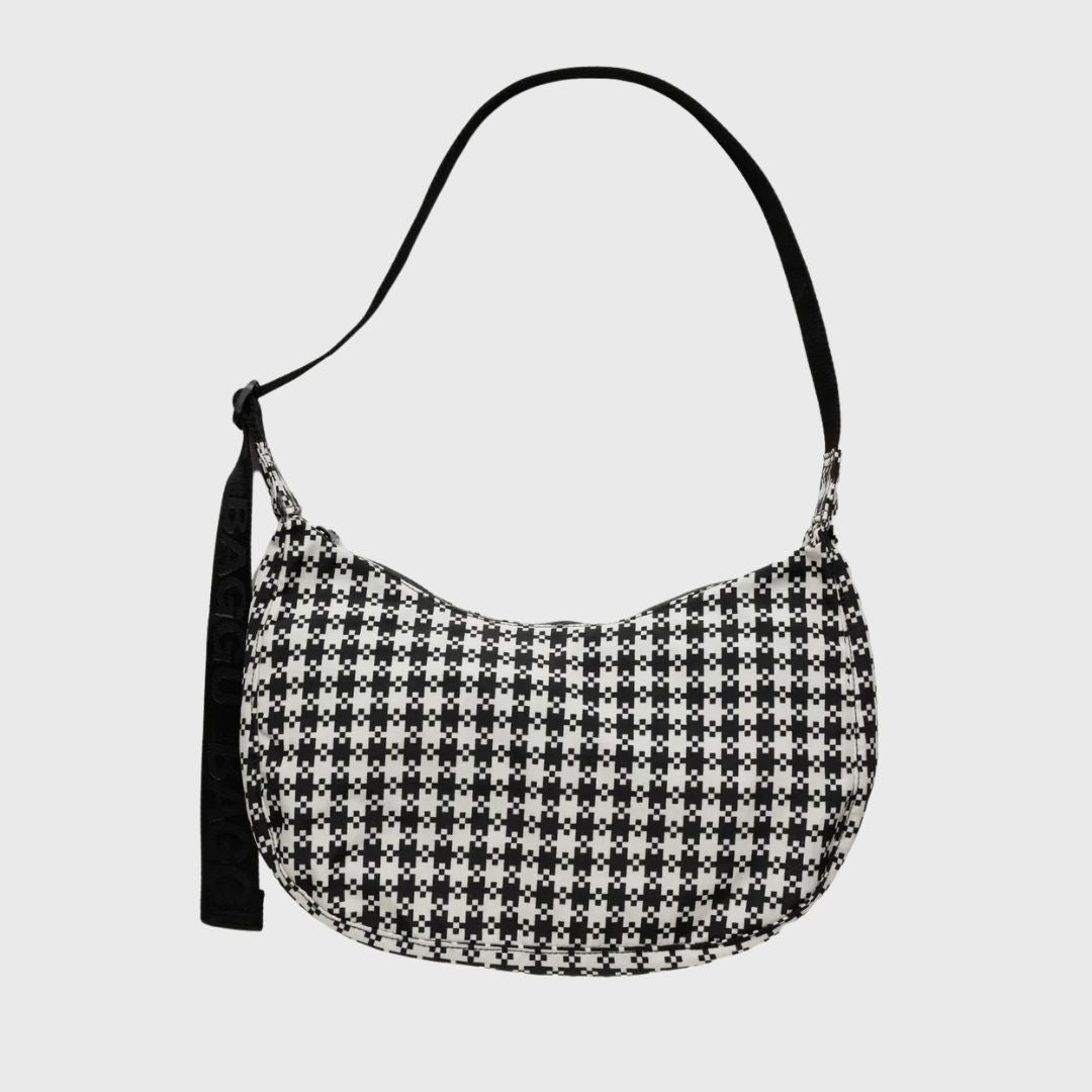 Good Neighbour Baggu Medium Nylon Crescent Bag (Black + White Pixel Gingham)